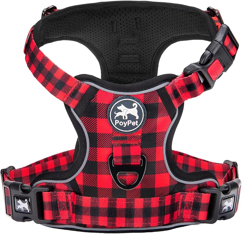 PoyPet No Pull Dog Harness Reflective Front Back Leash Attachments M Checkered