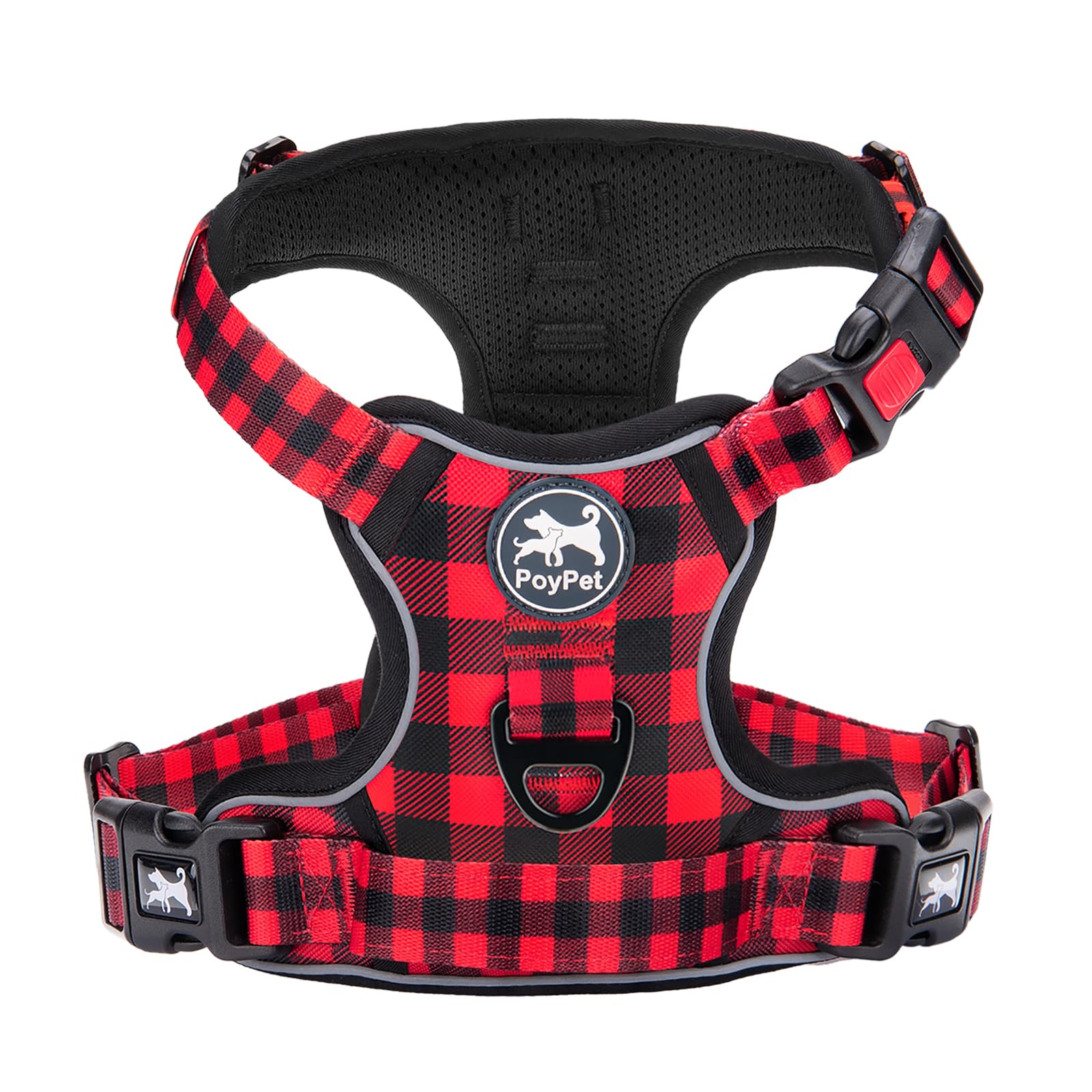 PoyPet No Pull Dog Harness, [Release on Neck] Reflective Adjustable No Choke Pet Vest with Front & Back 2 Leash Attachments, Soft Control Training Handle for Small Dogs(Checkered Red,S)