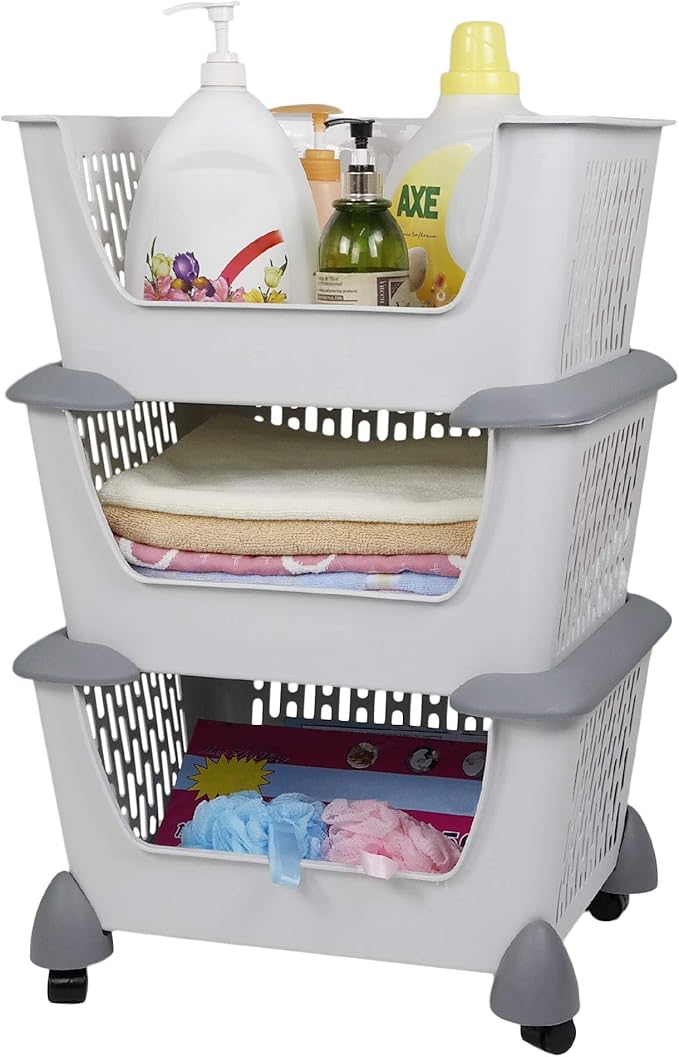 Hommp Gray Plastic Stacking Storage Organizer Basket with