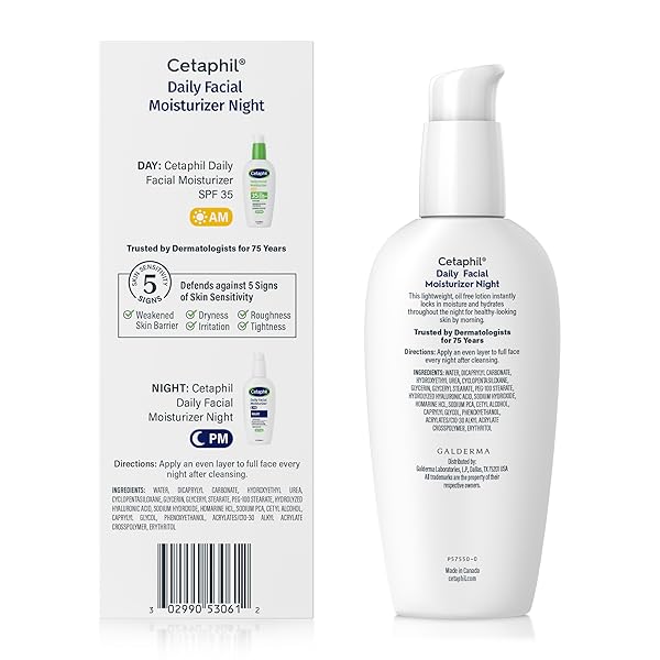 CETAPHIL NIGHT MOISTURIZER FOR FACE, HYDRATING FACIAL MOISTURIZER WITH HYALURONIC ACID, FOR ALL SKIN TYPES, LIGHTWEIGHT AND NON-COMEDOGENIC, DERMATOLOGIST RECOMMENDED FOR SENSITIVE SKIN, 3OZ