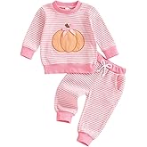 GOOCHEER Toddler Baby Girl Halloween Outfit Pumpkin Embroidery Bow Waffle Long Sleeve Sweatshirt Striped Pants Clothes Set