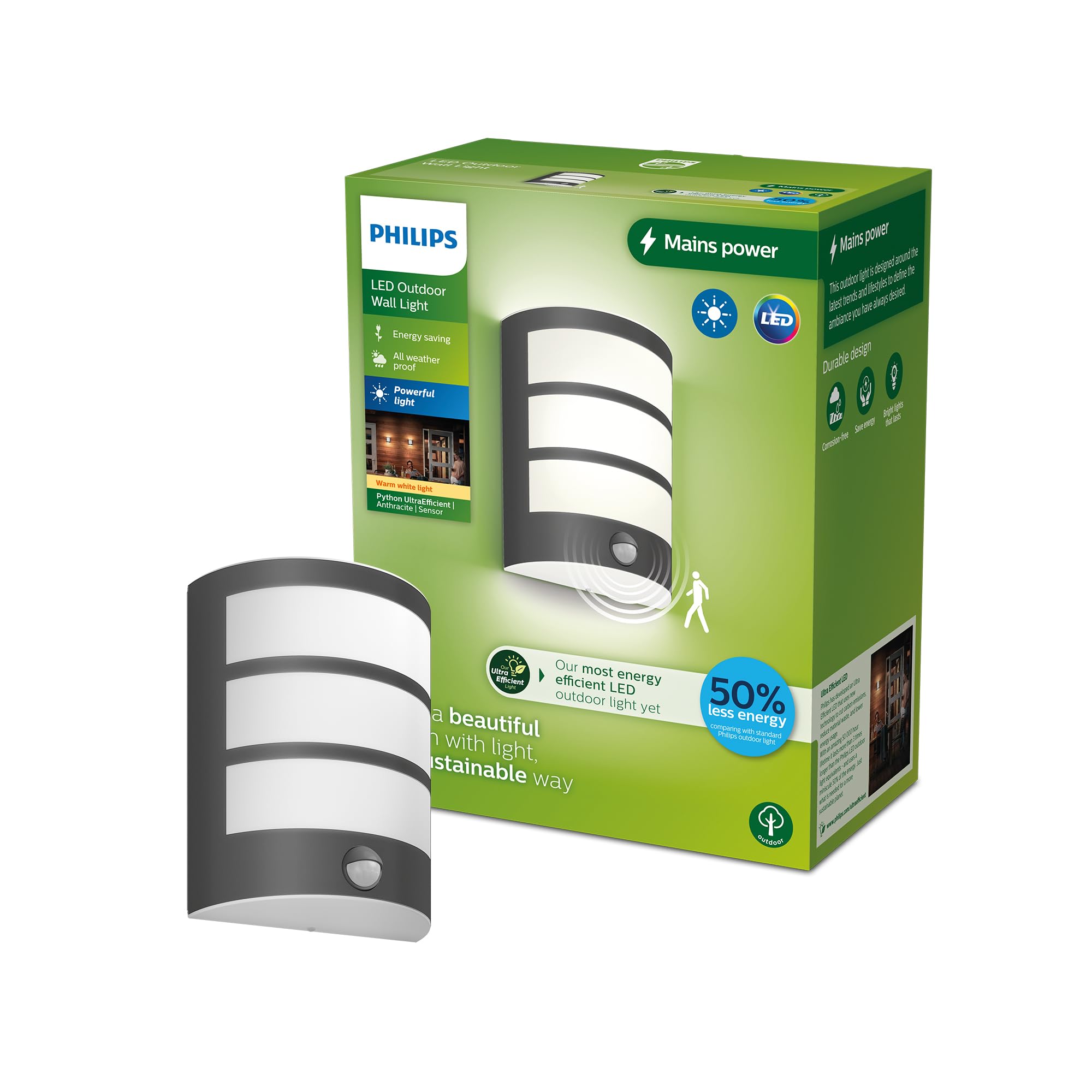 Philips Lighting Python UltraEfficient Outdoor wall Light, 3.8W, 2700K, Antracite, Motion Sensor, IP44 Weatherproof