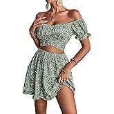 LYANER Women's 2 Piece Outfits Floral Off Shoulder Tie Up Crop Top and Mini Skirt Set