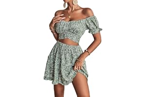 LYANER Women's 2 Piece Outfits Floral Off Shoulder Tie Up Crop Top and Mini Skirt Set
