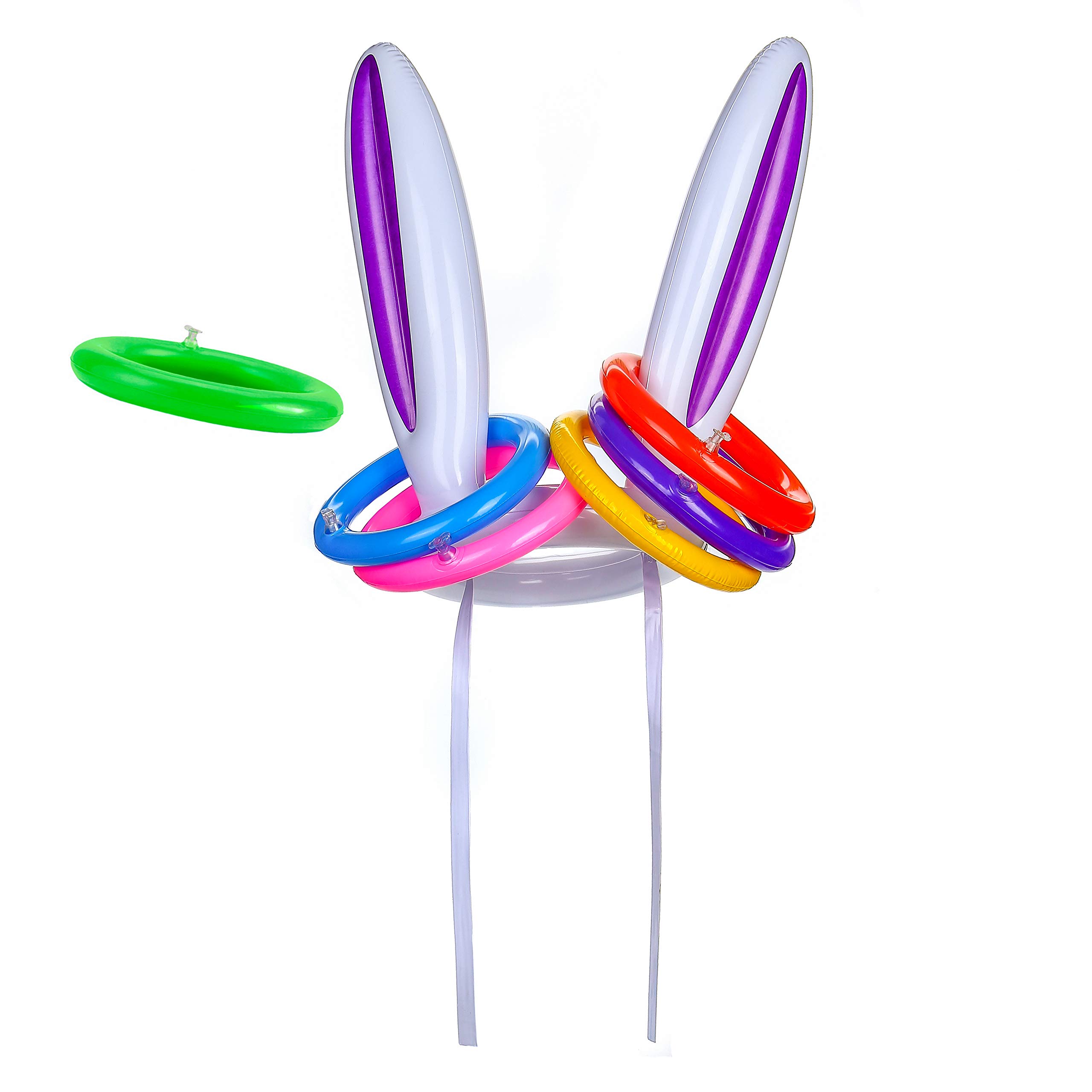 FINGOOO Inflatable Bunny Ear Ring, Rabbit Ears Hat with 6pcs Rings Toss Game for Kids Adults Family Easter Game