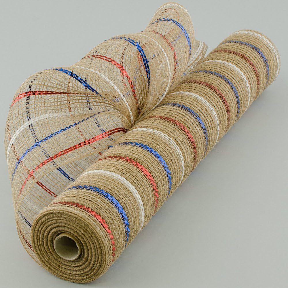 21" X 10yds. Burlap Mesh w/ RED, WHITE & BLUE Metallic Stripes