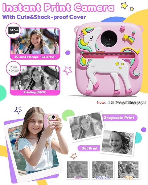 LIZZBEY KIDS CAMERA INSTANT PRINT, CHRISTMAS BIRTHDAY GIFT FOR GIRLS 3-12 YEAR OLD, 1080P KIDS DIGITAL CAMERA TOYS WITH UNICORN COVER, TODDLER CAMERA FOR 4 5 6 7 8 9 10 YEAR OLD GIRLS BOYS