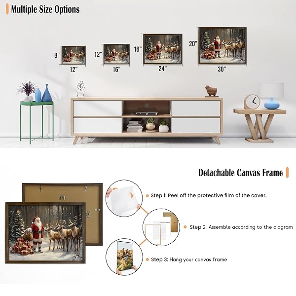 KVTM CHRISTMAS CANVAS FRAMED WALL ART, VINTAGE SANTA CLAUS PICTURES HOLIDAY SNOWY FOREST PAINTING, FESTIVE SANTA AND REINDEER PRINTS ARTWORK DECOR LARGE CANVAS FOR LIVING ROOM BEDROOM, 20X30 INCHES