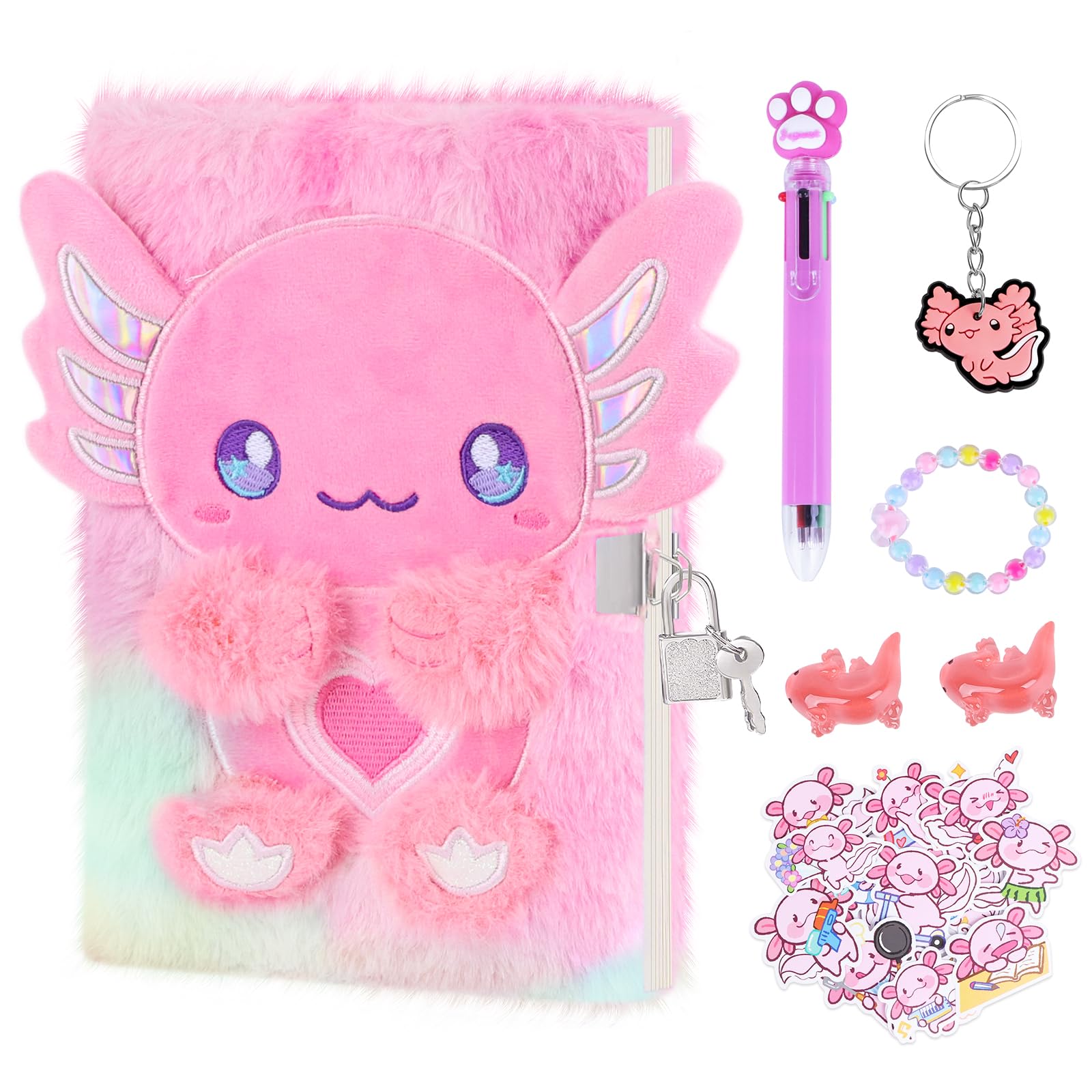 homicozy Axolotl Diary with Lock, Gift for 6 7 8 Year Old Girl, Secret Diary Journal Tie-Dye Fuzzy Notebook with 160 Pages,Cute Stationery Axolotl Gift for Girls