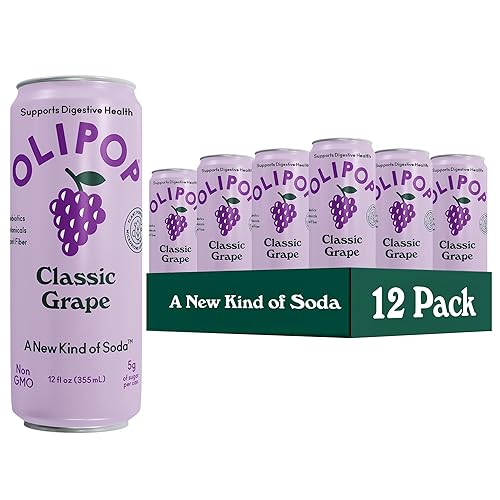 OLIPOP Prebiotic Soda Pop, Classic Grape, Pantry Pack Packed with Prebiotics, Fiber, and Botanicals, Gluten Free, Vegan, GMO Free, 12oz Skinny (12-Cans)