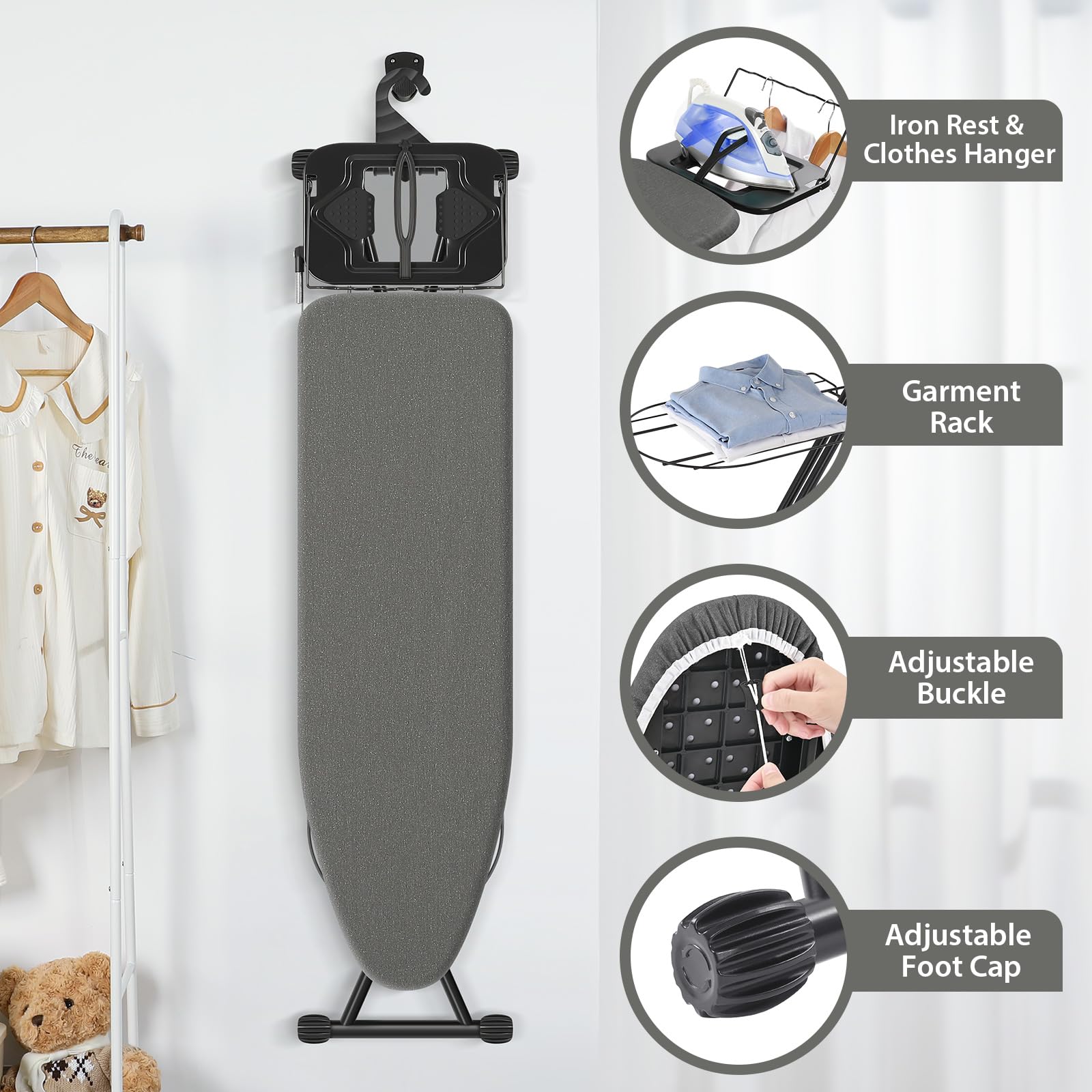 APEXCHASER Ironing Board, Compact Iron Board with Iron Rest and Hanger and Silicone Irons Harness, 7 Adjustable Heights & Extra Thick Cover, Folding Heavy Duty Ironing Board, Black