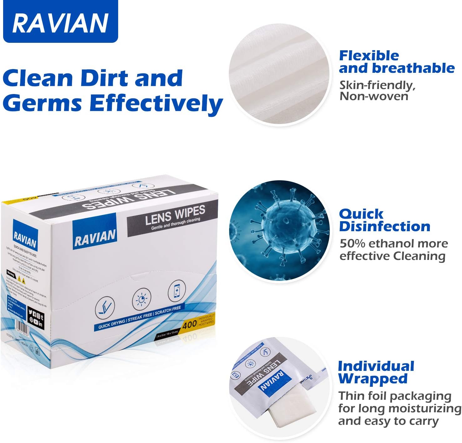 Glasses Cleaner Wipes 400 Individually Wrapped Antibacterial Lens Wipes Multipurpose Suitable for Spectacle Lenses Cameras - Image 5