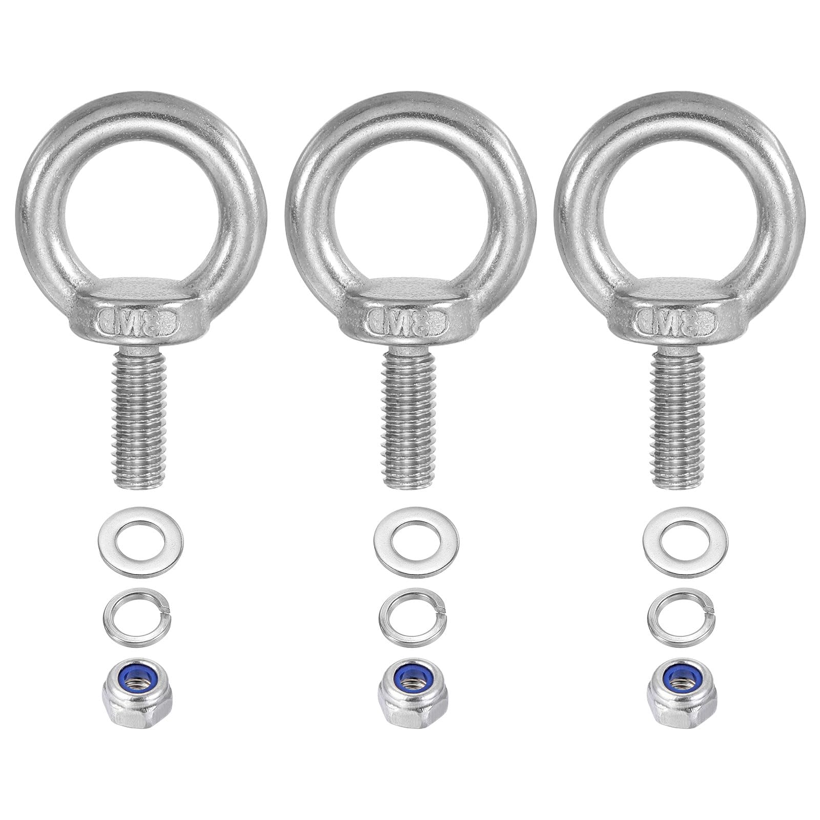 PATIKIL M8 x 20mm Lifting Shoulder Eye Bolt, 3Pcs 304 Stainless Steel Lifting Ring Threaded Eyebolt with Nuts Washers for Hanging Hammocks Articles