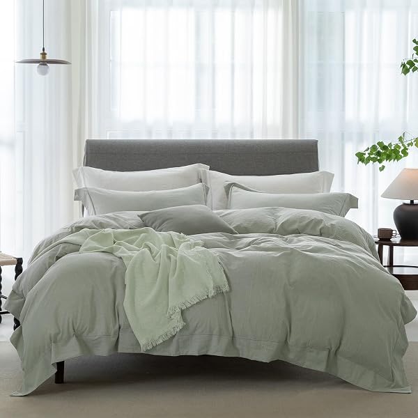 ELIMMO COOLING KING DUVET COVER SET 3 PIECES-100% WASHED COTTON WITH CHIC WIDE TRIM DESIGN LINEN LIKE TEXTURED ULTRA SOFT COZY BEDDING WITH ZIPPER CLOSURE(HEMMED SAGE GREEN,KING 104″X90″)