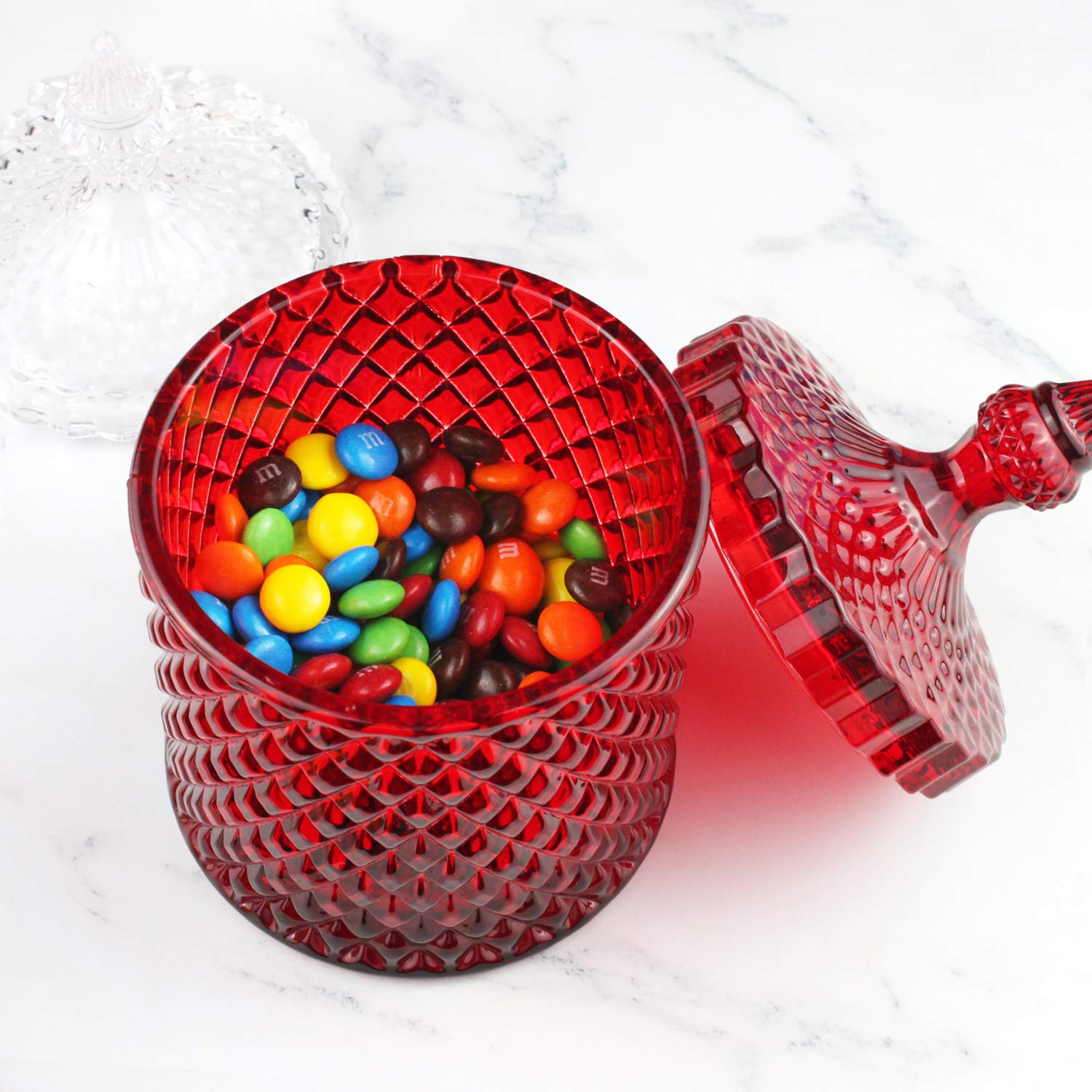 Candy Jar, Clear Glass Apothecary Container, Biscuit Barrel, Cookies Tin, Dry Food Storage Canister Crystal Weave Wedding Decorative Buffet Jars with Lid (Red, Middle)