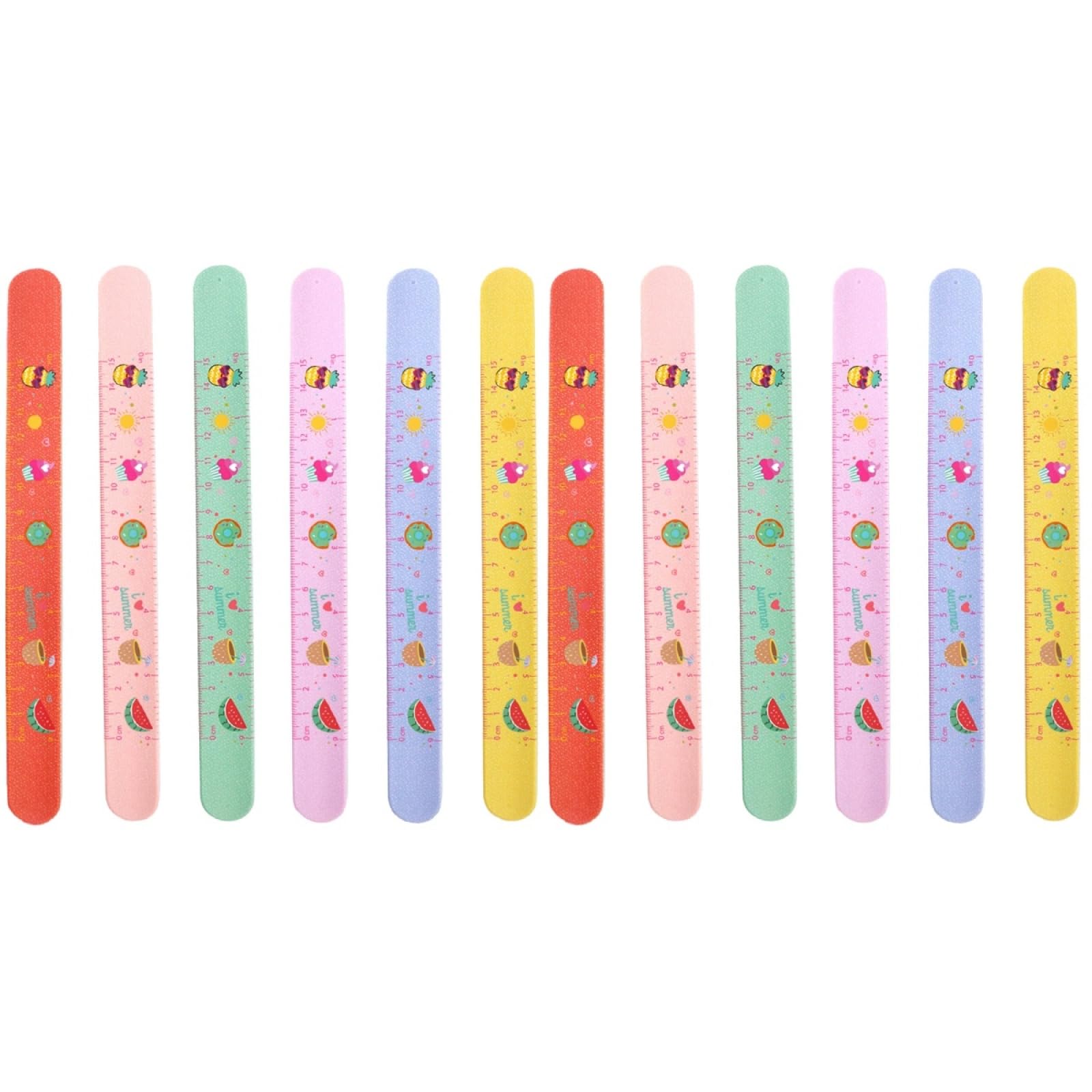 HEMOTON 12 pcs Slap Bracelet for Kids Party Bag Fillers, Colorful Slap Wrist Bands Bulk for Kids Fruit Pattern Wristbands with Ruler Silicone Bracelet for Christmas 22.5x2.1x0.2cm