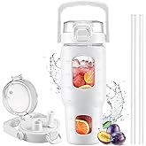 BLUEGO 32oz Glass Tumbler with Lid and Handle, Iced Coffee Cup with Straws, Glass Water Bottle with Silicone Sleeve and Volume, Marker Glass Cup with Time Marking, BPA Free, White