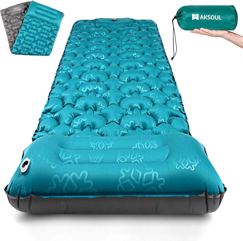 AKSOUL Camping Self-inflating Sleeping Mat 10cm Thick with Pillow Peacock Blue