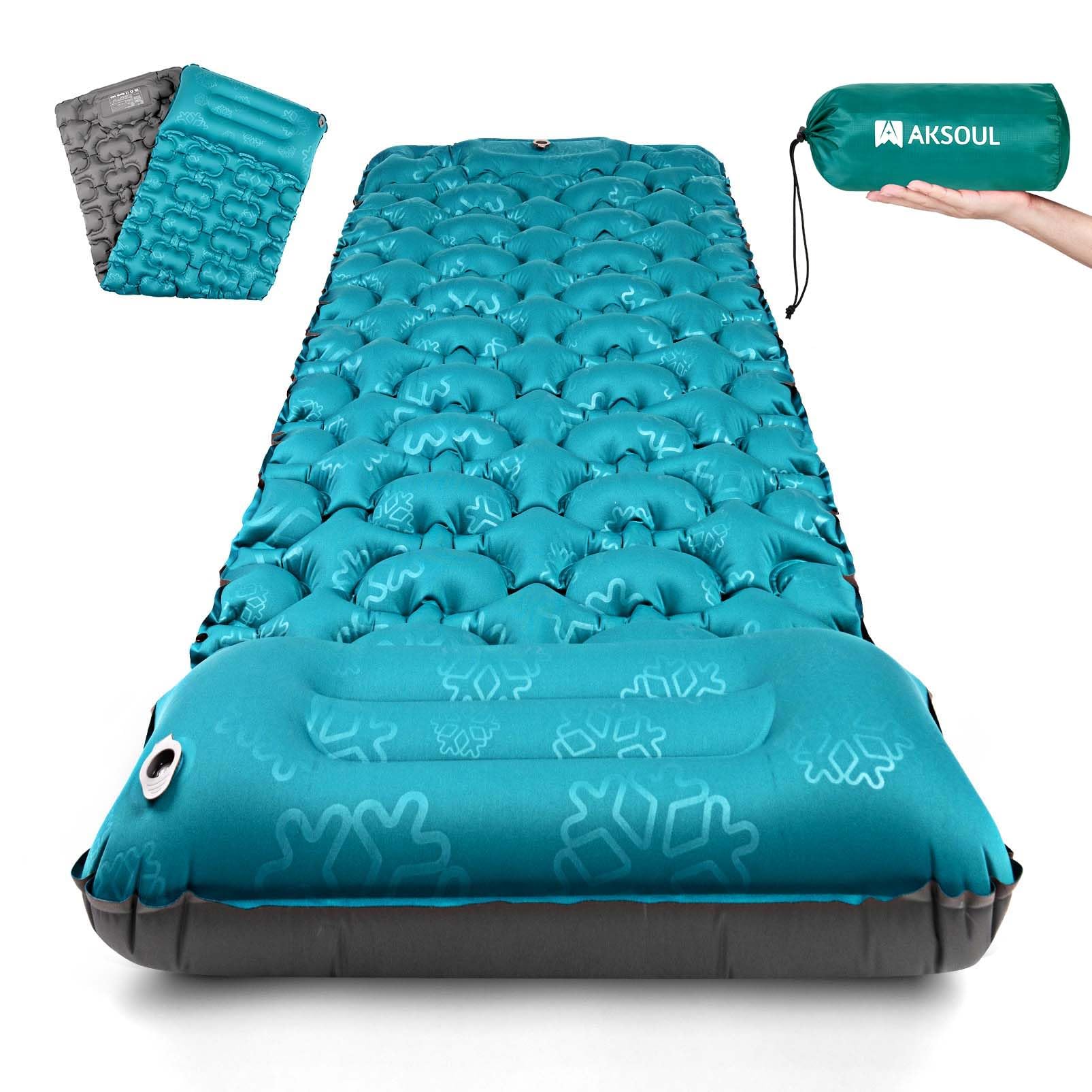 AKSOUL Camping Self-inflating Sleeping Mat: Ultralight & Compact Inflatable Thick Camp Sleep Air Mattress, Lightweight Single Bed Pad for Hiking, Backpacking, Tent (10CM, with Pillow), Peacock Blue