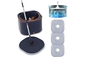 KULAMOON Flat Floor Mop and Bucket System Set with Wringer, Spin Mop and Bucket Separate Clean and Dirty Water with Self Separation for Hardwood, Laminate, Tile, Floor Cleaning, Wet and Dry Use, Navy Blue