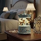 Mr.Winder Elegant Blue Carousel Music Box,Handcrafted Rotating Horses & Floral Details Musical Figurine, for Birthdays,Christmas,Valentine's Day,Birthday,Home Décor,Plays You are My Sunshine Tune