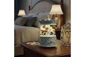 Mr.Winder Elegant Blue Carousel Music Box,Handcrafted Rotating Horses & Floral Details Musical Figurine, for Birthdays,Christ