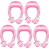 KUUQA 10 Pieces Pink Party Wigs and Sunglass Set, Pink Short Bob Wig Sunglass Pack Costume Colorful Cosplay Wig Daily Party Hairpieces for Bachelorette Neon Party Favors, Halloween and Decorations