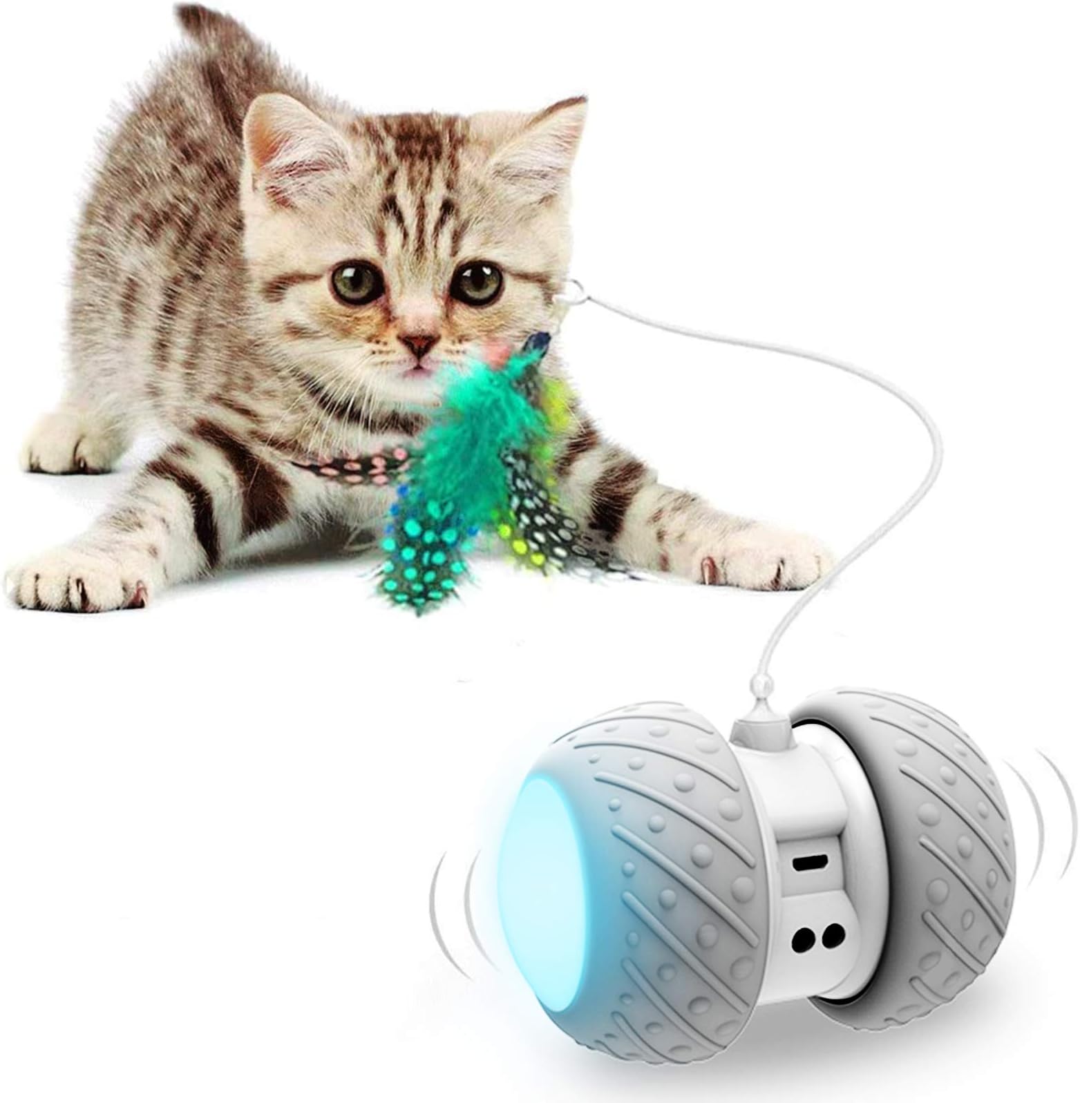 Interactive Robotic Cat Toys, Automatic Irregular USB Charging 360 Degree Self Rotating Ball, Automatic Feathers/Birds/Mouse Toys for Cats/Kitten, Build-in Spinning Led Light, Large Capacity Battery