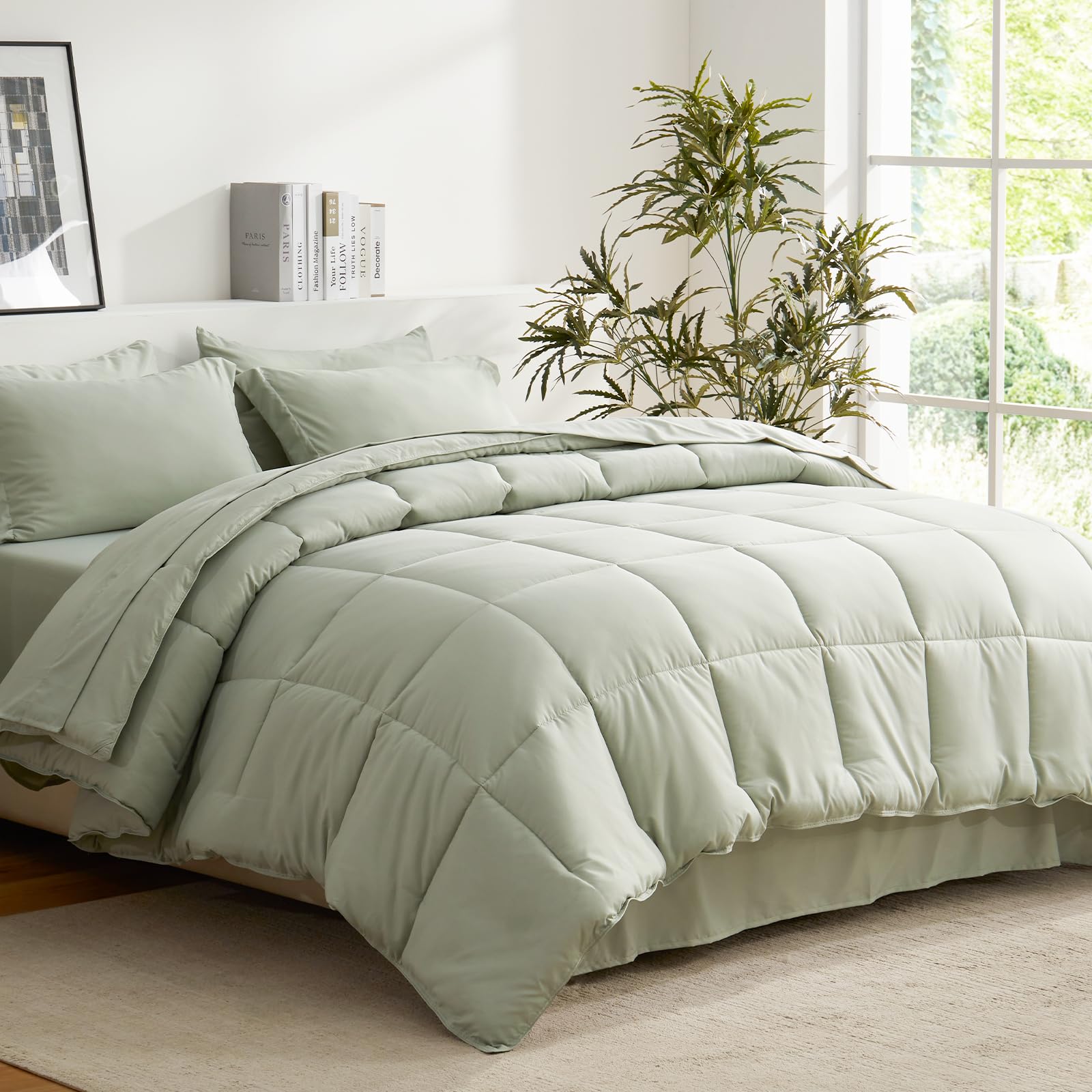 Photo 1 of COZYART King Comforter Set 7 Pcs, Sage Green Bed in a Bag, All Season Lightweight Soft Reversible Bedding Set, 1 Comforter, 1 Flat Sheet, 1 Fitted Sheet, 2 Pillow Shams, 2 Pillowcases