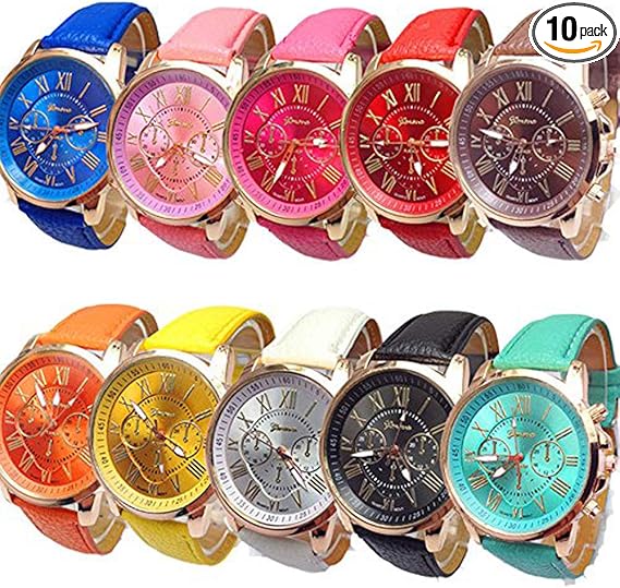 Amazon Co Jp Cdybox女性 男性 レディーズ ティーン 女の子向け ポリウレタンレザーバンド腕時計 ローマ数字ダイヤルアナログクォーツ腕時計 10個入りパック 腕時計
