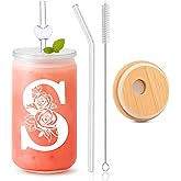 DAMCONME Personalized Cups for Women – 16oz Initial Glass Cup with Lid & Straw – Cute Glass Tumbler with Straw and Lid,Monogrammed Gift for Teacher, Friend, or Thank You Appreciation-S