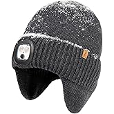 TOP-EX DryKnit™ Waterproof LED Beanie Hat with Ear Flaps Merino Wool Winter Hat Fleece Lined USB Rechargeable Lighted Cap