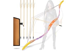 BASBON Youth Wooden Bow and Arrow Set, 40 Inch Archery Set Microfiber Leather-Wrapped, Handmade Toys Bow and Arrow Cosplay Costume Prop Games, 5 Feather Arrows (Rubber Tip), Gifts for Kids Boys Girls
