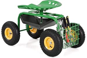 GENERIC IRONMAX Garden Cart with Seat, Heavy Duty Gardening Work Stools w/Height Adjustable Seat & 10’’ Large Wheels, Rolling Garden Scooter for Outdoor Lawn Yard Planting