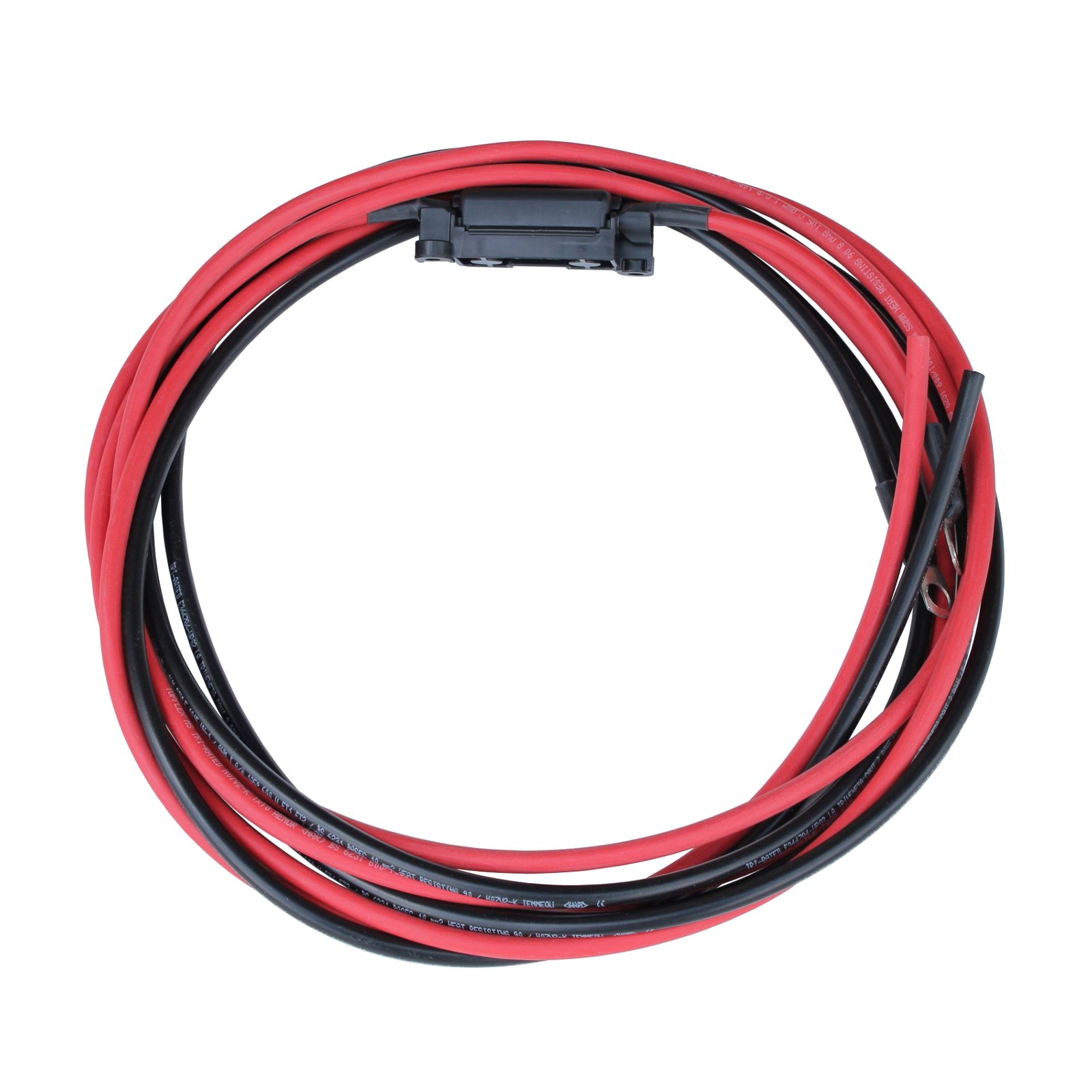 3m 10mm2 single core red and black extension cable with a fuse holder, 40A fuse and ring terminals (8mm) for solar panels, batteries and other systems