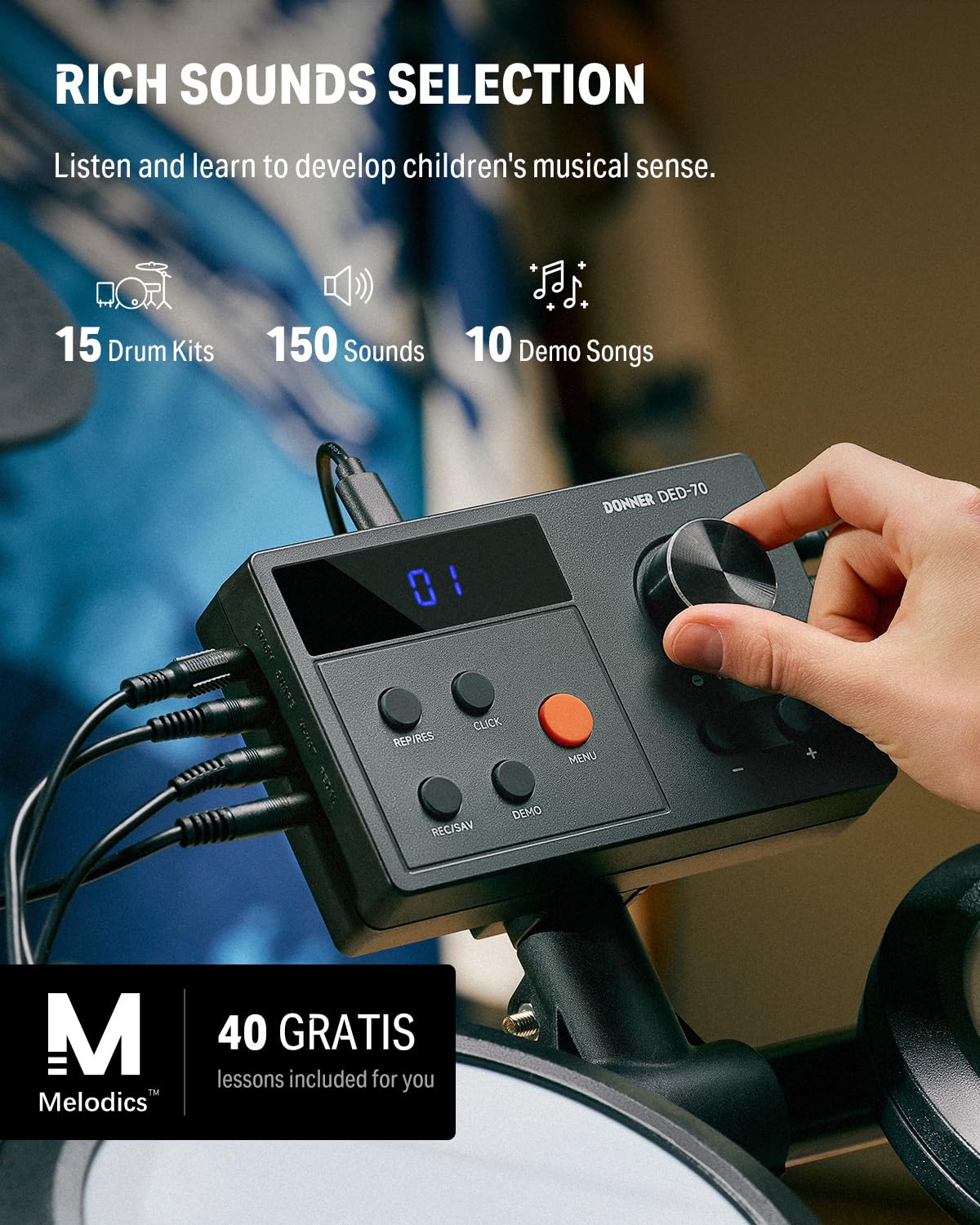 Donner Batería Eléctrica DED-70 Batería Electrónica para Principiantes con 150 Sonidos, 4 Pads de Malla Silenciosos, Platillos de 9", USB MIDI, Carga Tipo C, 2 Pedales, Trono, Auriculares, Baquetas, Lecciones Melódicas