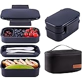 Lunchneo bento box for adults, separate for men and women, set of utensils and dipping containers, cute Japanese bento box, microwave heatable(Black)