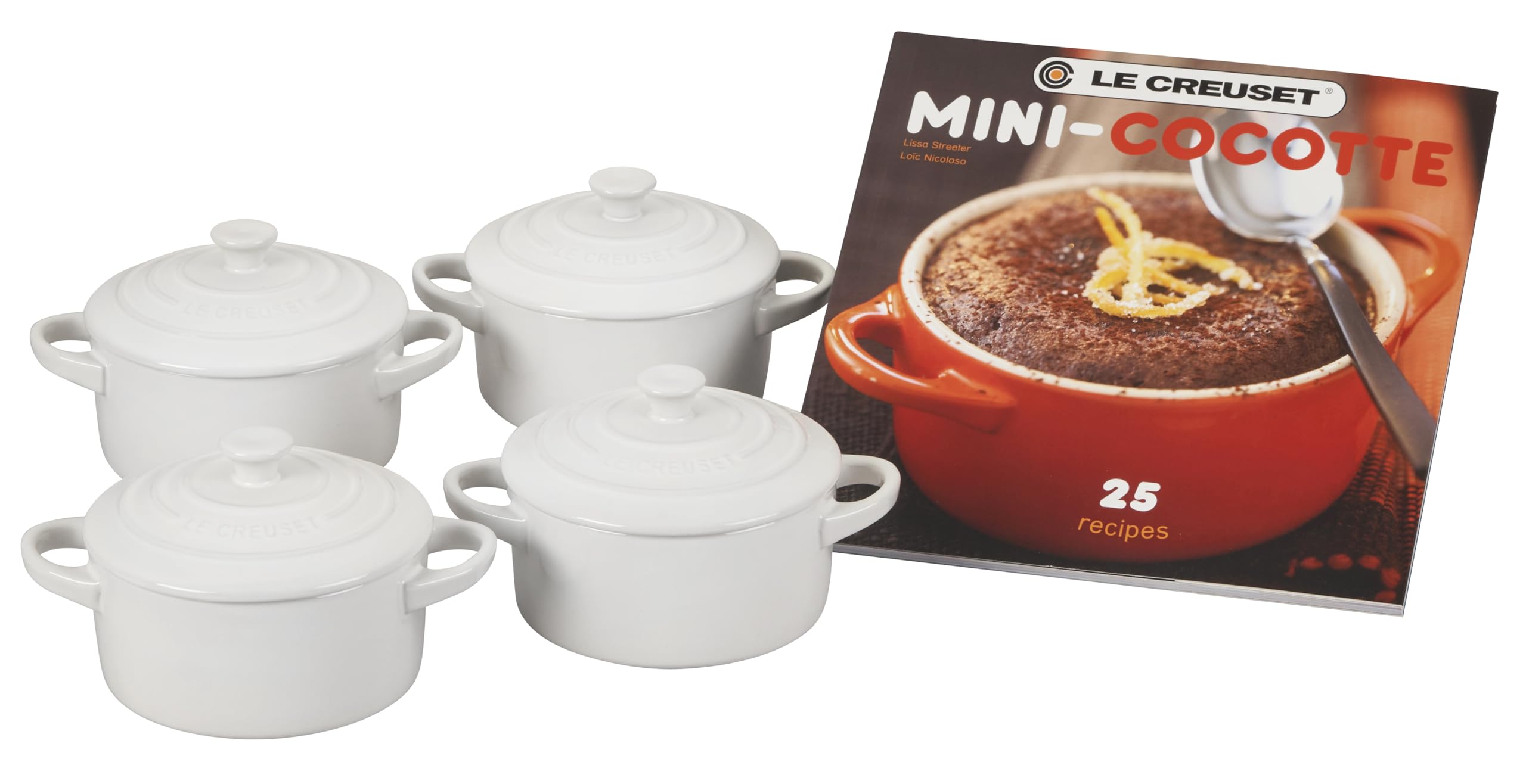 Photo 1 of ***MINOR DAMAGE*** Le Creuset Stoneware Set of 4 Mini Cocottes with Cookbook, 8 oz. each, White
