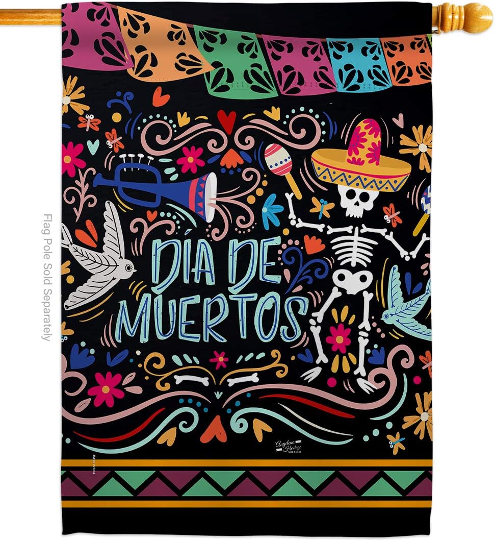 Angeleno Heritage Colorful Dia de Muertos House Flag Fall Day of Dead Los Fiesta Mexican Party Autumntime Decoration Banner Small Garden Yard Gift Double-Sided, Thick Fabric, Made in USA