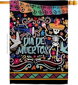 Angeleno Heritage Colorful Dia de Muertos House Flag Fall Day of Dead Los Fiesta Mexican Party Autumntime Decoration Banner Small Garden Yard Gift Double-Sided, Thick Fabric, Made in USA