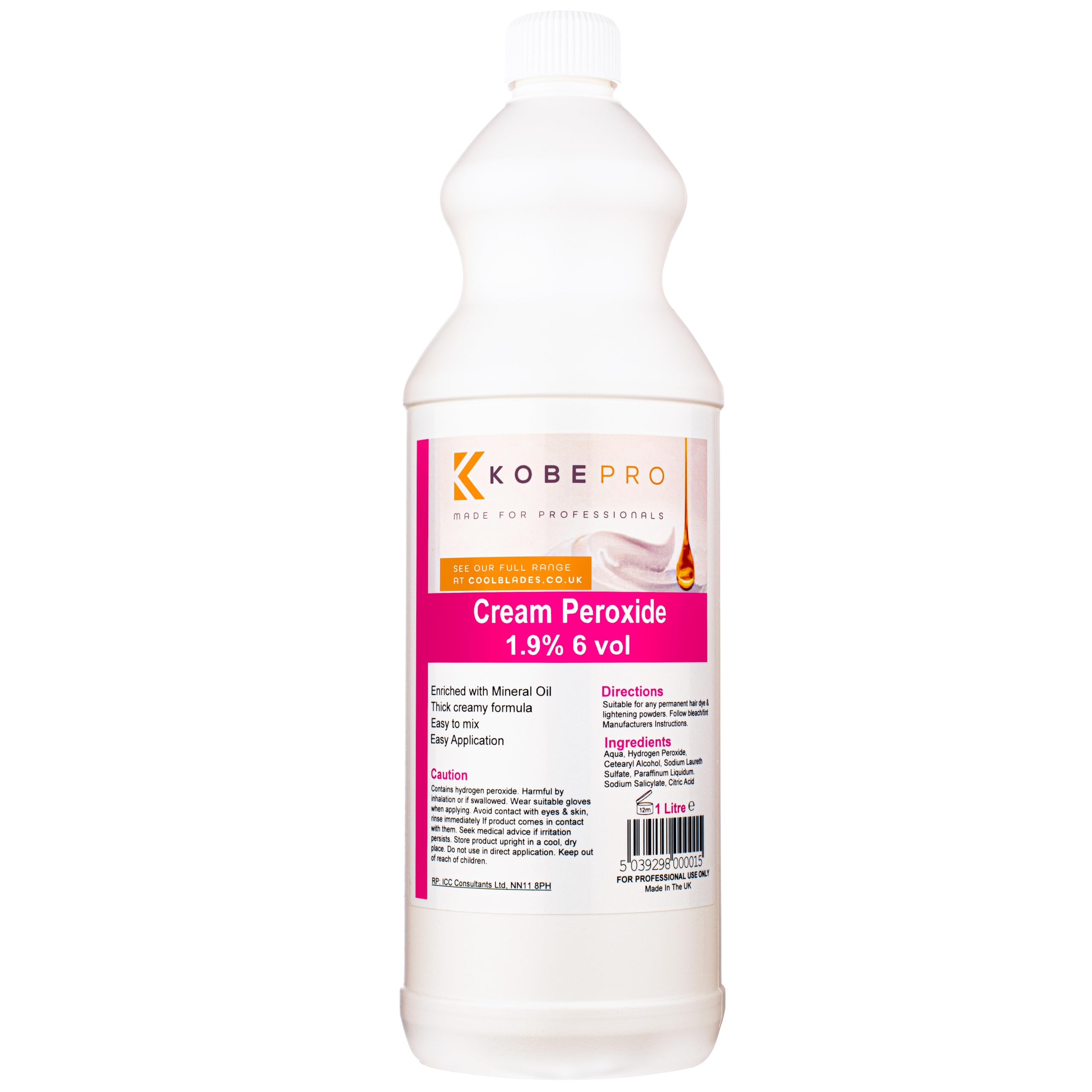 Kobe Cream Peroxide - Works with All Brands of Hair Bleach, Hair Colour / Tint & Lightening Powder - Choice of Strength & Pack Size - 1 Litre - 1.9% (6 vol)