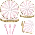 UVTQSSP 96PCS Party Plates, Pink Paper Plates and Napkins, Disposable Tableware Set, Party Supplies for Kids Birthday Wedding Baby Shower Picnic, Serve for 24 Guests, Pink and White
