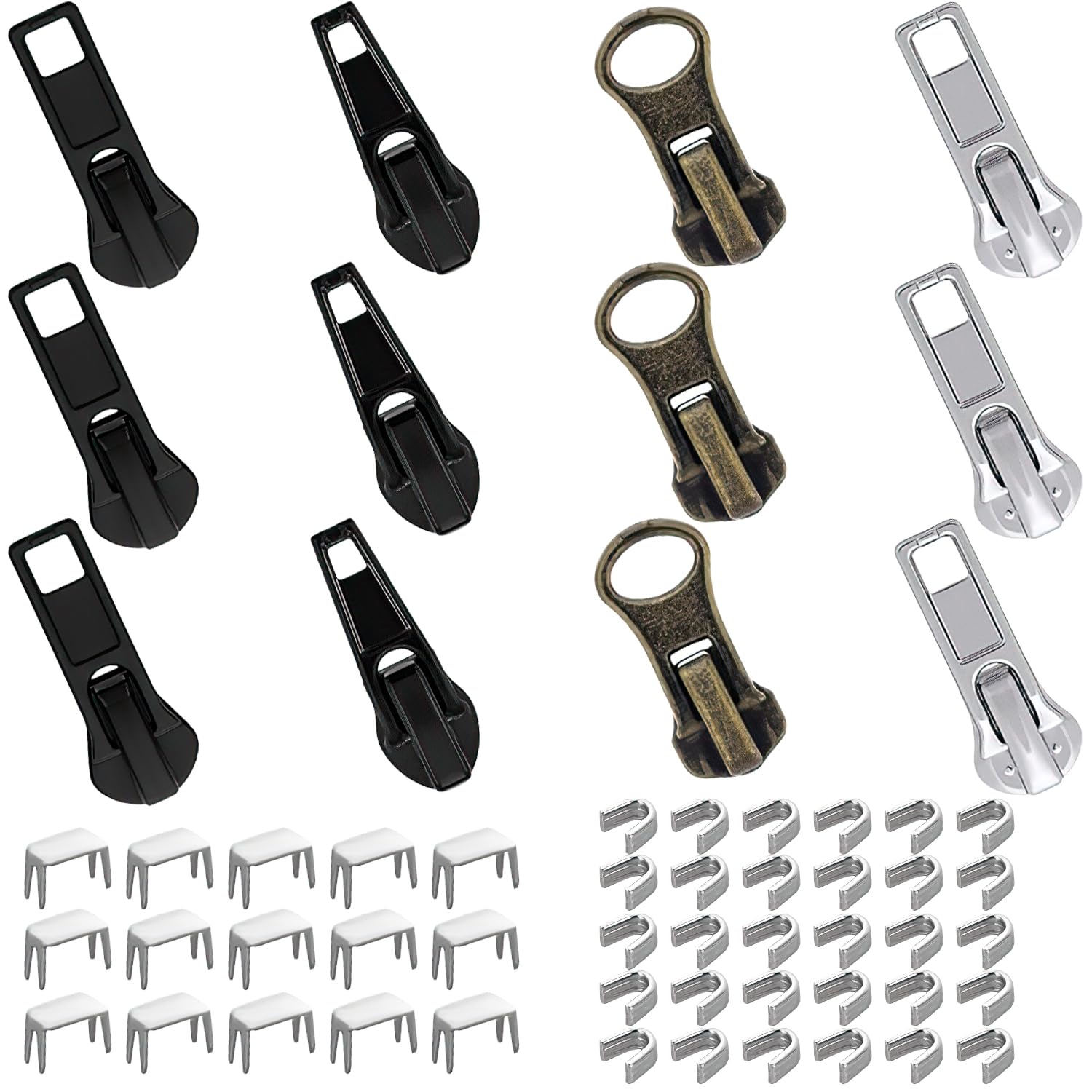 58 Pcs Zip Repair Kit, Universal Zipper Pull Replacement Copper Zipper Repair Kit Metal Zip Puller Replacement Zip Repair with Strange Box for Coats Jacket, Jeans, Luggage, Backpacks