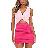 MISSJOY Women's Sleeveless Deep V Neck Cutout Twist Front Ribbed Ruched Bodycon Club Party Mini Dresses