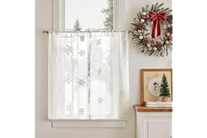 jinchan Embroidered White Snowflake Curtains 36 inch Length Holiday Christmas Decorations Cafe Curtain Cottagecore Tier Kitchen Curtains for Living Room Bedroom Small Windows Rod Pocket 2 Panels