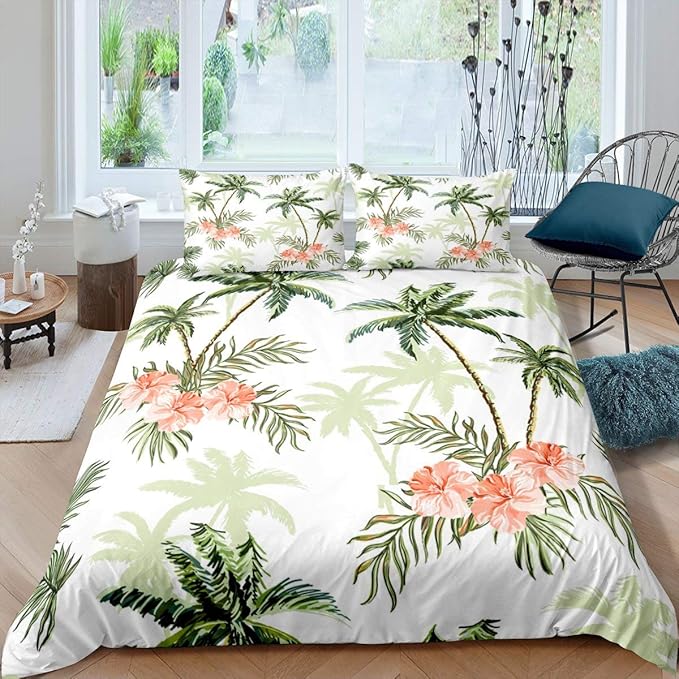 Erosebridal Palm Tree Bedding Set Vintage Red Flower Duvet Cover Hawaiian Tropical Leaves