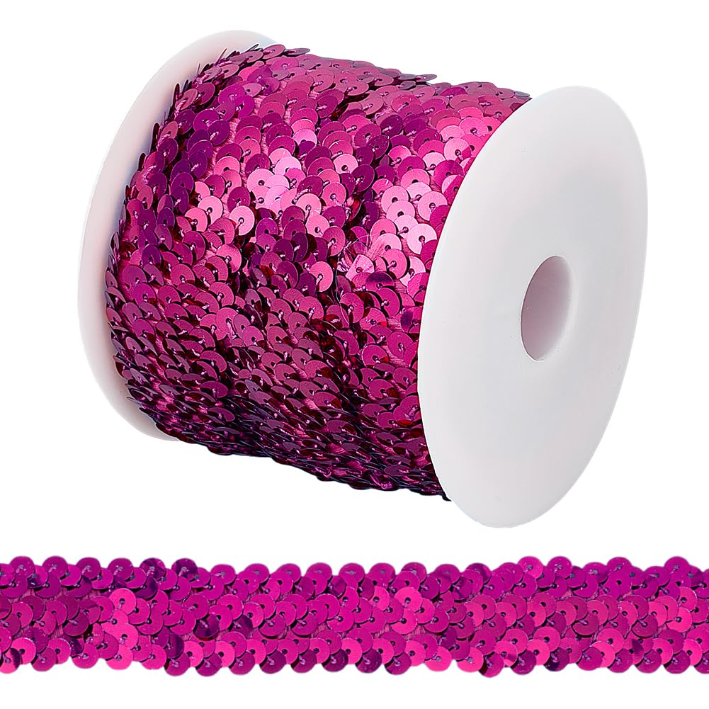 OLYCRAFT 10M Pink Elastic Sequin Trim 25mm Wide Metallic Stretch Sequin Trim 3-Row Sparkly Decorative Edge for Dress Costumes Embellish and Headband