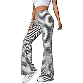 OYOANGLE Women's Houndstooth Plaid Bell Bottom Pants High Waisted Flared Leggings Y2K Bootcut Pattern Casual Trousers