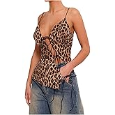 SOLY HUX Women's Leopard Cami Top Y2k Tie Front V Neck Spaghetti Strap Cheetah Print Going Out Tops Streetwear