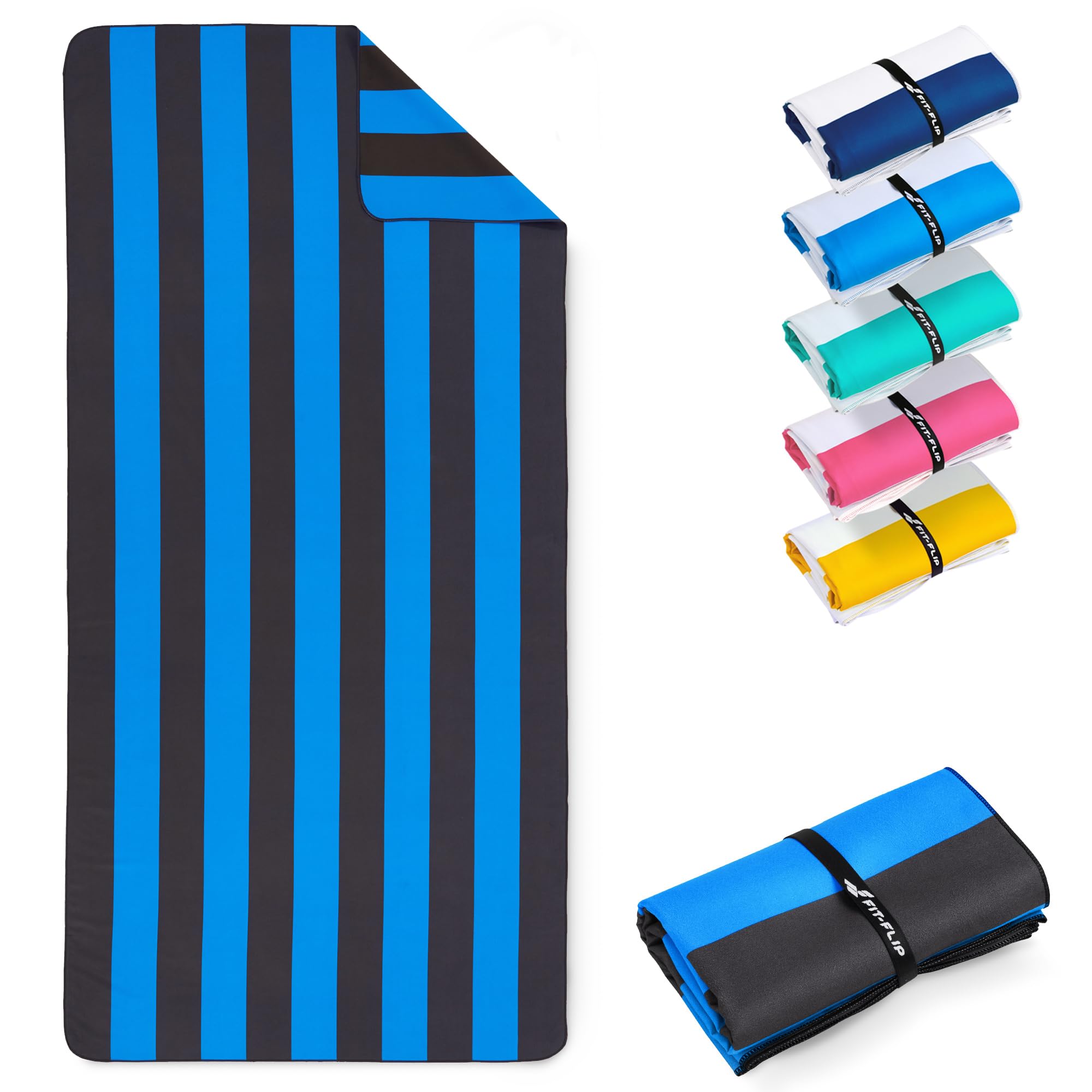 Fit-Flip Beach towel microfibre - large quick dry towels - for travel and swimming - lightweight, compact and super absorbent - sand free, 100% recycled - Darkgrey-Blue stripes 160x90cm